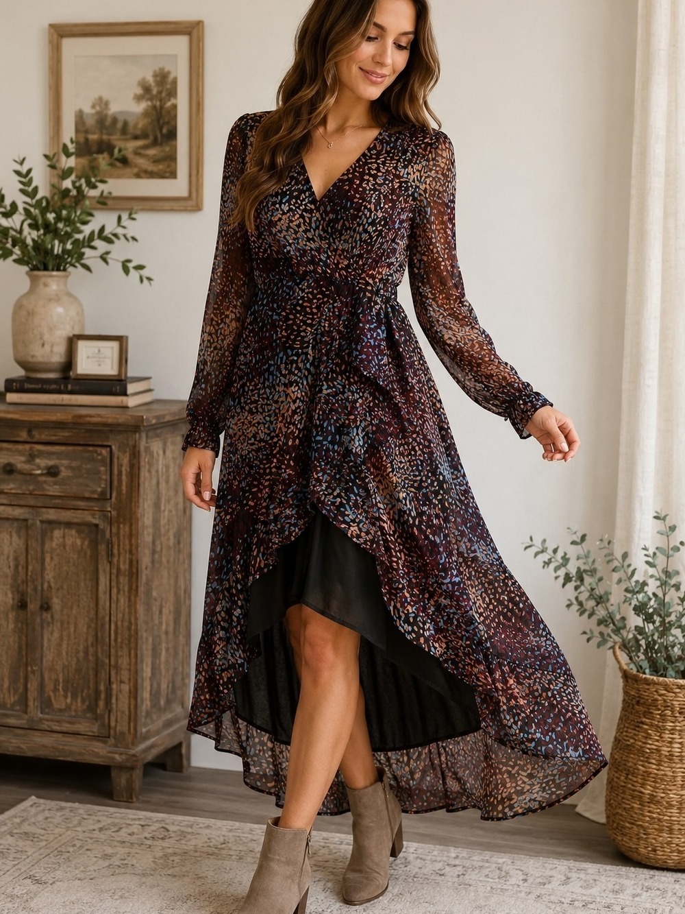 Express Medium High Low Midi Dress Long Sleeve Sheer Overlay Abstract Print